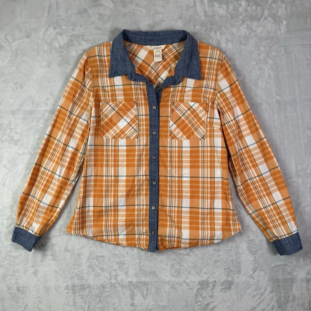 Sundance Weekend Getaway Shirt Medium Orange Chambray Plaid 100% Cotton